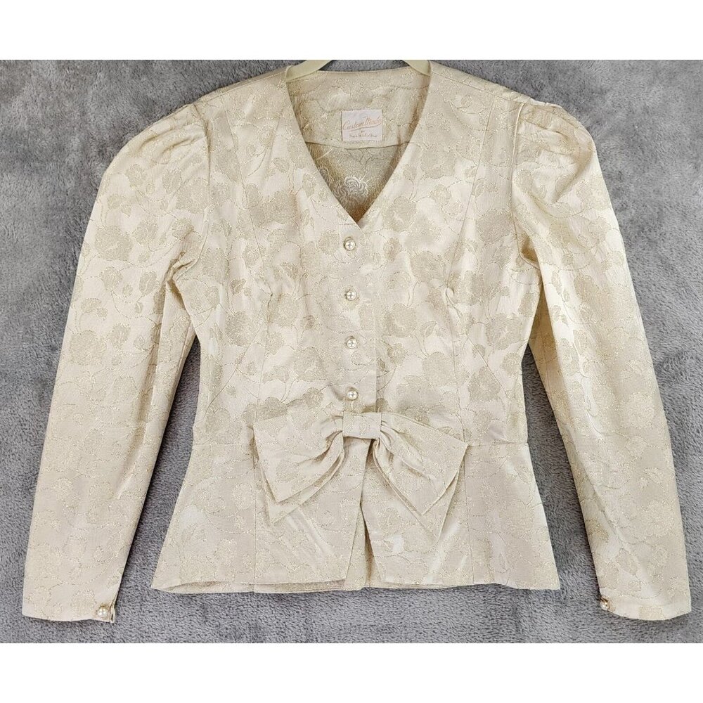 Sues Stitch n Sew Jacket Womens Small Gold Floral Metallic Bow Peplum Blazer